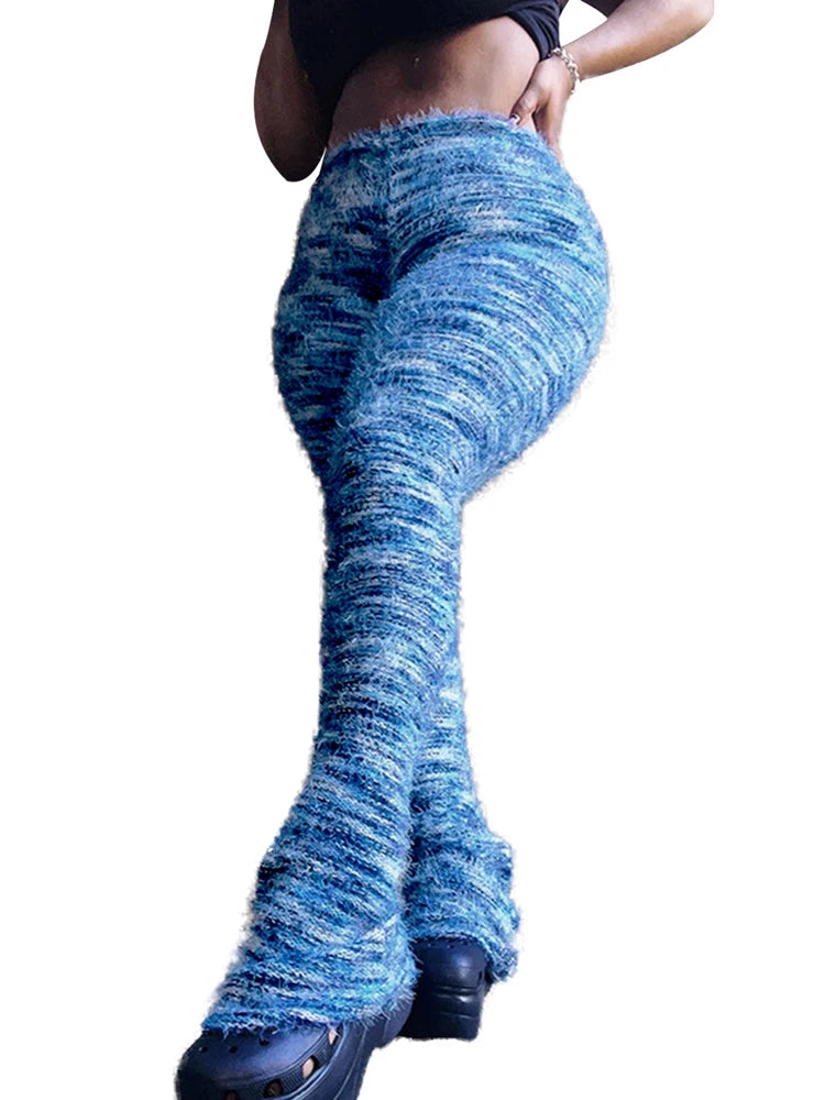 Fuzzy Flare Pants Woman 2024 Winter Stacked Fur Pant Women High Waist Leggings Fashion Skinny Casual Sexy Club Flared Pants